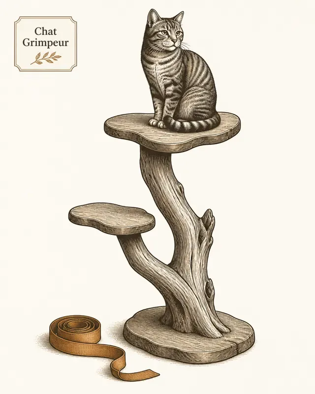 Arbre à chat artisanal en bois flotté, un chat perché sur le plateau